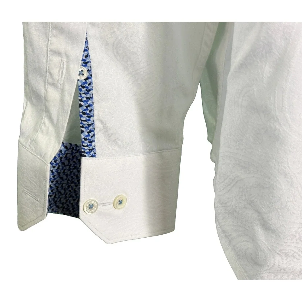 Bugatchi Button Down Shirt Mens XL White Paisley Jacquard Classic Fit LS